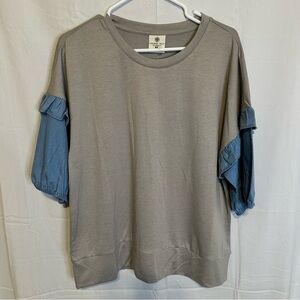 NWT Gray Shortsleeved Shirt with Blue Ruffle Sleeves